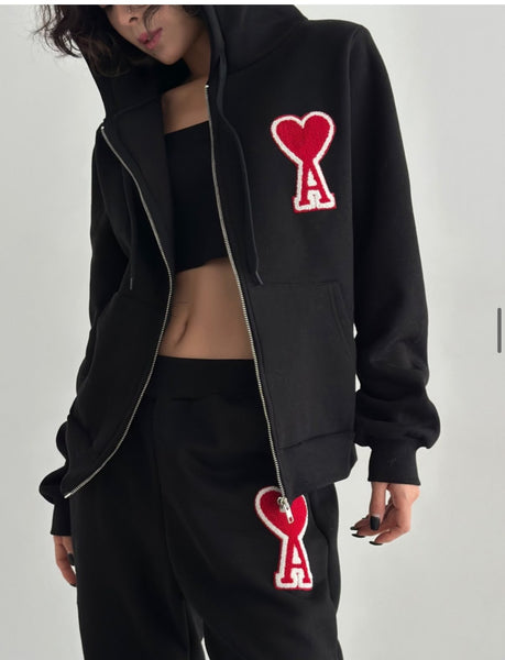 Women Heart Patch Zip-Up Tracksuit Set