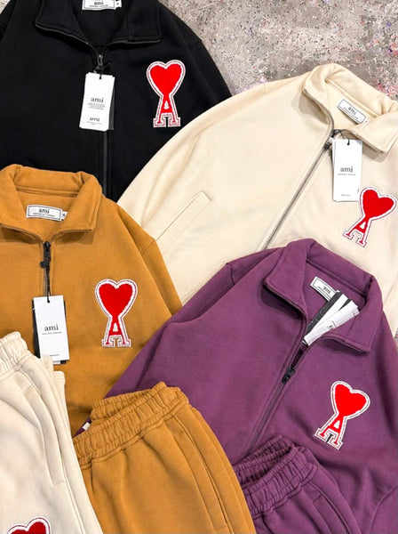 Women Heart Patch Zip-Up Tracksuit Set