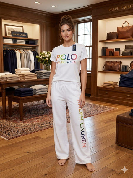 Women Premium Graphic T-Shirt & Lounge Pants Co-Ord Set – White Casual Two-Piece Outfit