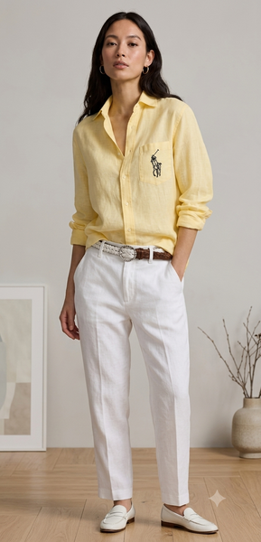 Women Premium Linen Blend Button-Down Shirt – Casual Long Sleeve Pocket Shirt (Pastel Yellow)