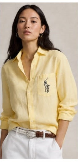 Women Premium Linen Blend Button-Down Shirt – Casual Long Sleeve Pocket Shirt (Pastel Yellow)