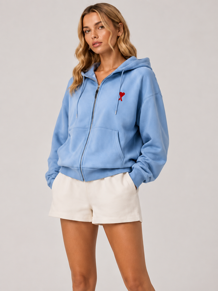 Women Premium Zip-Up Hoodie – Soft Fleece Hooded Sweatshirt with Embroidered Heart Patch