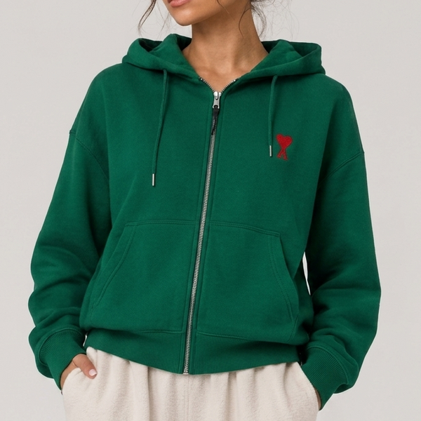 Women Premium Zip-Up Hoodie – Soft Fleece Hooded Sweatshirt with Embroidered Heart Patch