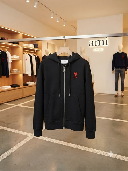 Black Zip-Up Hoodie Sweatshirt with Embroidered Red Heart Logo