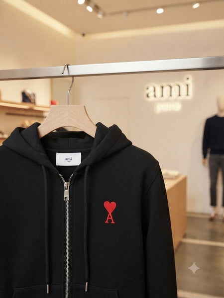 Black Zip-Up Hoodie Sweatshirt with Embroidered Red Heart Logo
