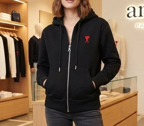 Black Zip-Up Hoodie Sweatshirt with Embroidered Red Heart Logo