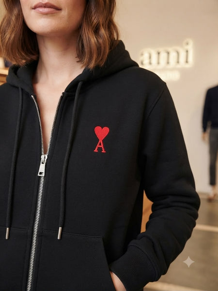 Black Zip-Up Hoodie Sweatshirt with Embroidered Red Heart Logo