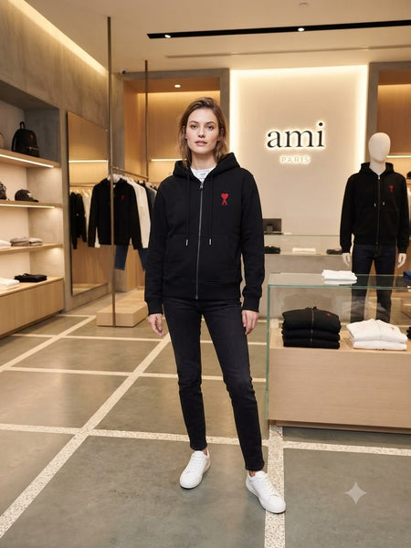 Black Zip-Up Hoodie Sweatshirt with Embroidered Red Heart Logo