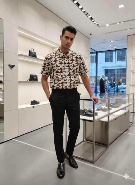 Premium Brown Geometric Print Shirt for Men – Short Sleeve Casual Button-Up Shirt