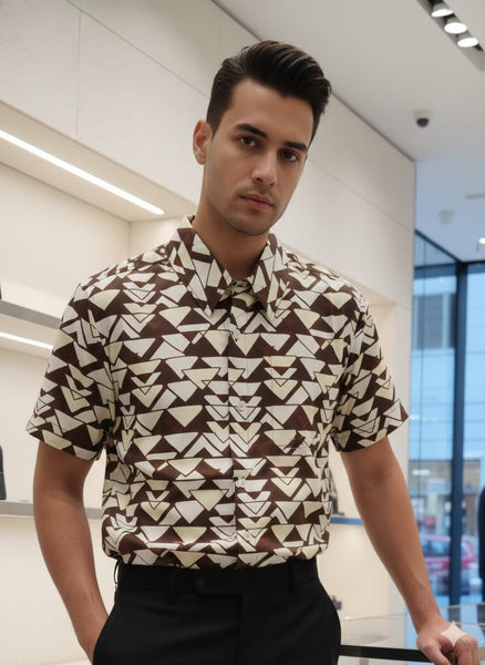 Premium Brown Geometric Print Shirt for Men – Short Sleeve Casual Button-Up Shirt