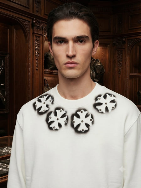 Premium White Graphic Sweatshirt for Men – Floral Cross Print Crewneck t-Shirt