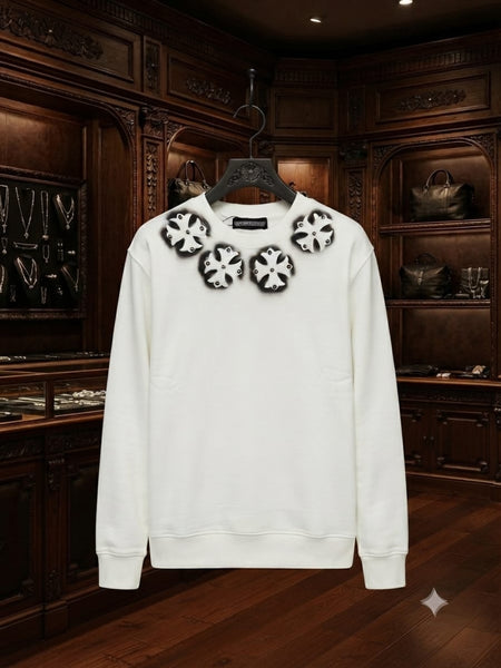 Premium White Graphic Sweatshirt for Men – Floral Cross Print Crewneck t-Shirt