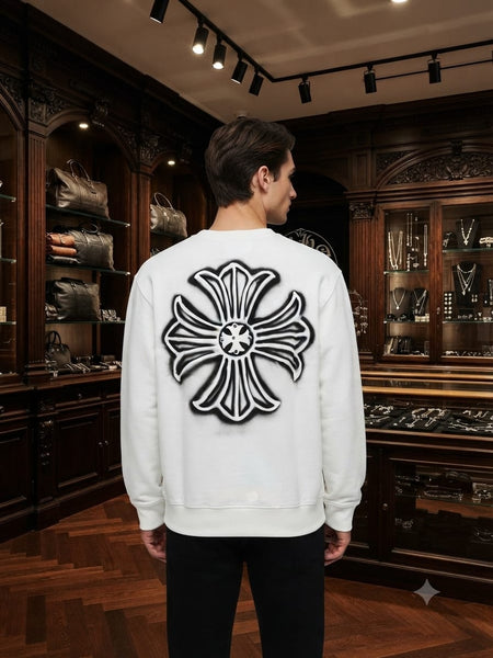 Premium White Graphic Sweatshirt for Men – Floral Cross Print Crewneck t-Shirt