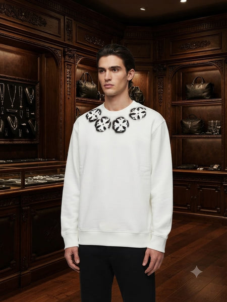 Premium White Graphic Sweatshirt for Men – Floral Cross Print Crewneck t-Shirt