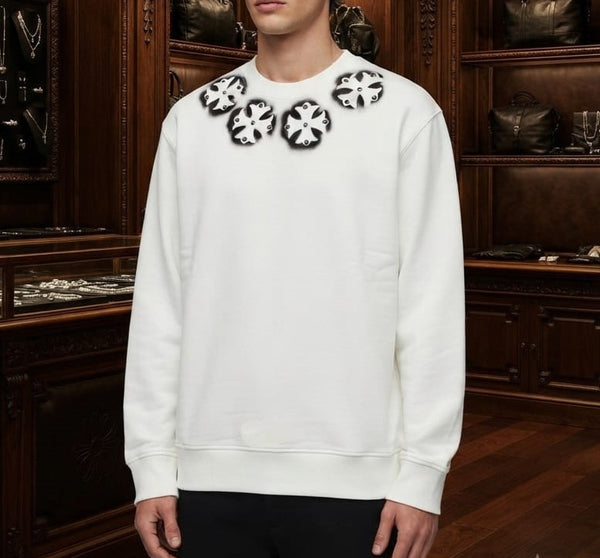 Premium White Graphic Sweatshirt for Men – Floral Cross Print Crewneck t-Shirt