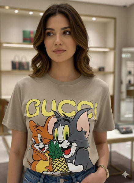 Women Beige Graphic T-Shirt – Cartoon Print Casual Crew Neck Tee
