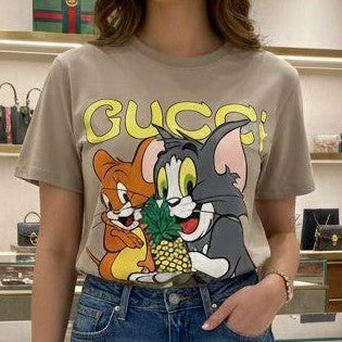 Women Beige Graphic T-Shirt – Cartoon Print Casual Crew Neck Tee