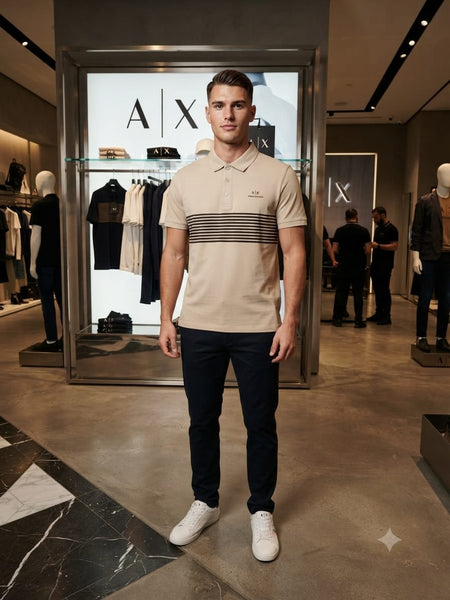 Men Beige Striped Polo T-Shirt | Premium Regular Fit Half Sleeve Polo