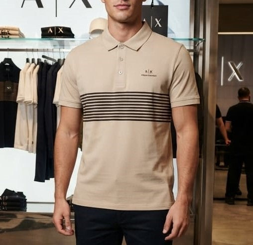 Men Beige Striped Polo T-Shirt | Premium Regular Fit Half Sleeve Polo