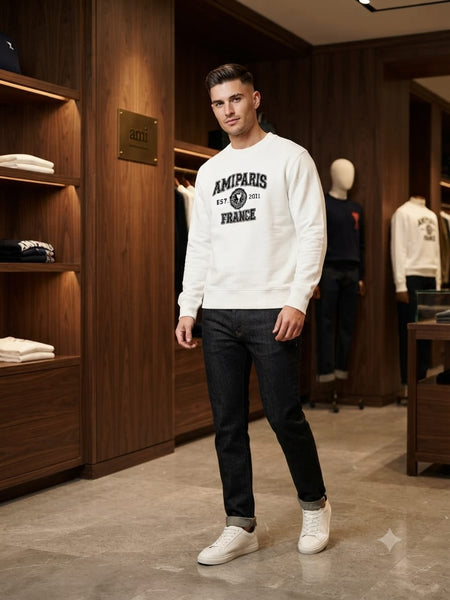 Men White Graphic Sweatshirt – Full Sleeve Crew Neck Casual Pullover