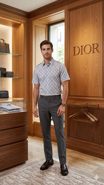 Men Grey Geometric Printed Shirt – Short Sleeve Button-Down Casual Shirt