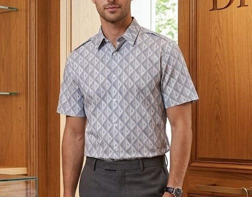 Men Grey Geometric Printed Shirt – Short Sleeve Button-Down Casual Shirt