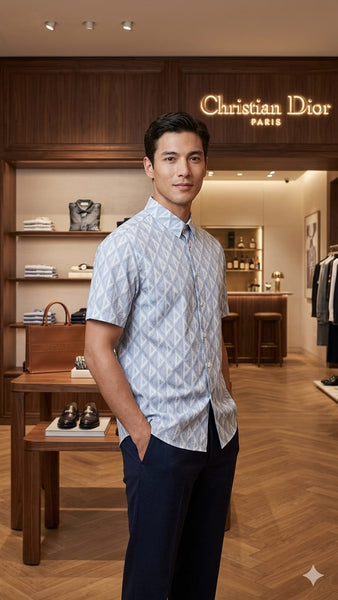 Men Grey Geometric Printed Shirt – Short Sleeve Button-Down Casual Shirt