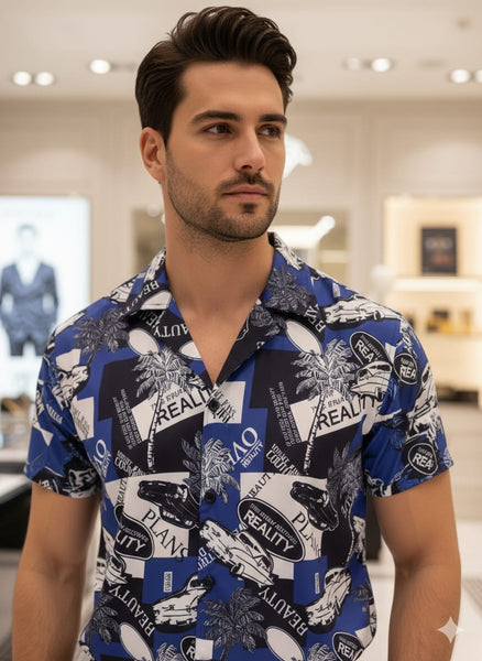 Men Blue Printed Casual Shirt – Short Sleeve Tropical Graphic Button-Down Shirt