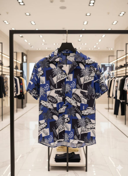 Men Blue Printed Casual Shirt – Short Sleeve Tropical Graphic Button-Down Shirt