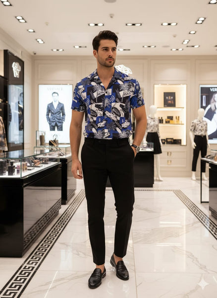 Men Blue Printed Casual Shirt – Short Sleeve Tropical Graphic Button-Down Shirt