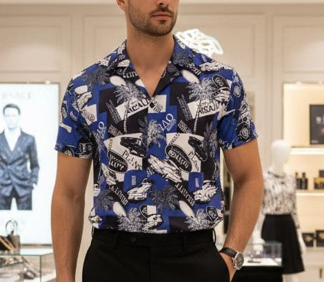 Men Blue Printed Casual Shirt – Short Sleeve Tropical Graphic Button-Down Shirt