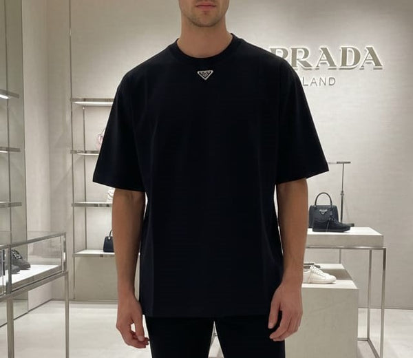 Men Black Oversized T-Shirt – Minimal Logo Short Sleeve Crew Neck Casual Tee