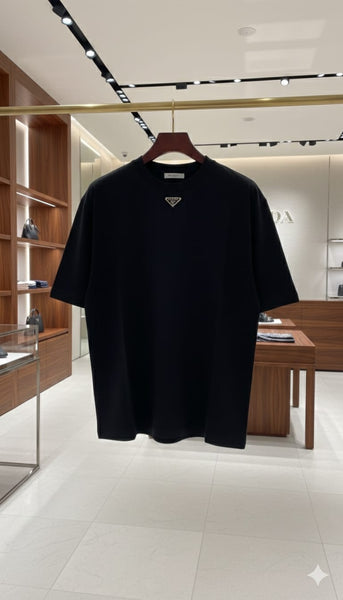 Men Black Oversized T-Shirt – Minimal Logo Short Sleeve Crew Neck Casual Tee
