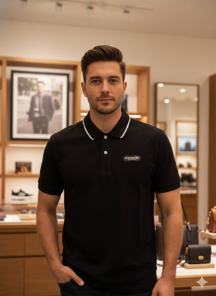 Men Black Polo T-Shirt – Short Sleeve Contrast Collar Casual Shirt