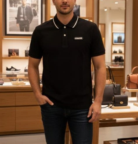 Men Black Polo T-Shirt – Short Sleeve Contrast Collar Casual Shirt