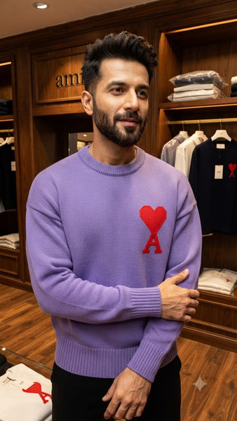 Lavender Knit Sweater with Heart Graphic – Stylish Casual Wear