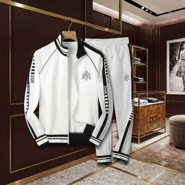White & Black Contrast Tracksuit Set – Sporty Casual Style
