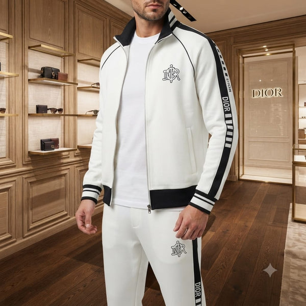 White & Black Contrast Tracksuit Set – Sporty Casual Style