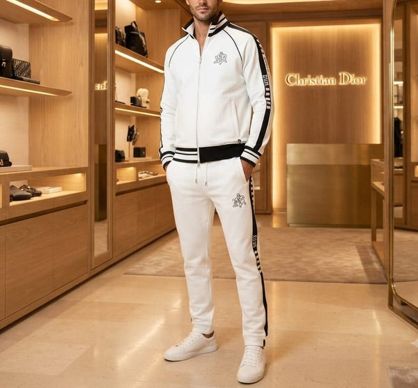 White & Black Contrast Tracksuit Set – Sporty Casual Style