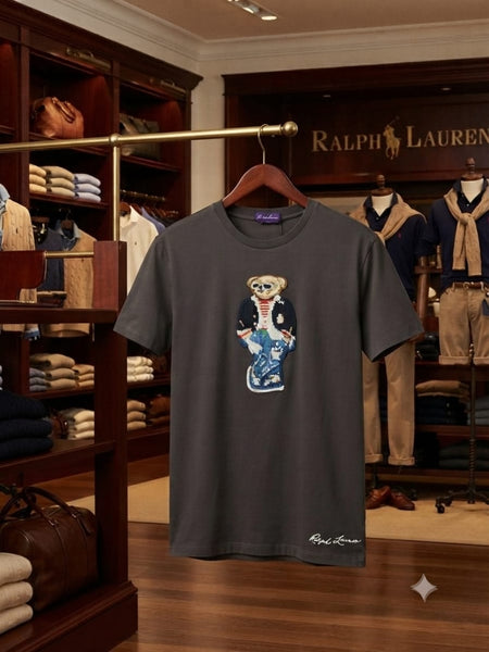 Men Charcoal Graphic Crew Neck T-Shirt with Bear Design