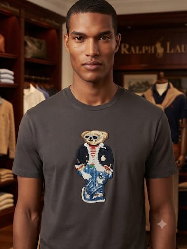 Men Charcoal Graphic Crew Neck T-Shirt with Bear Design