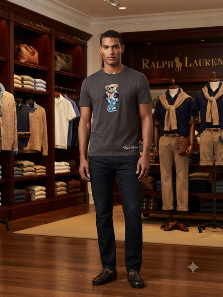 Men Charcoal Graphic Crew Neck T-Shirt with Bear Design