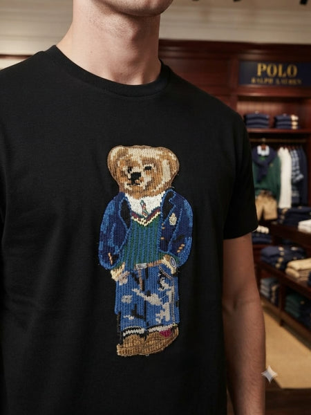 Premium Men Black Graphic Crew Neck T-Shirt with Bear Design