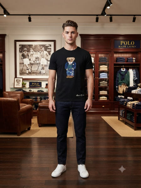 Premium Men Black Graphic Crew Neck T-Shirt with Bear Design