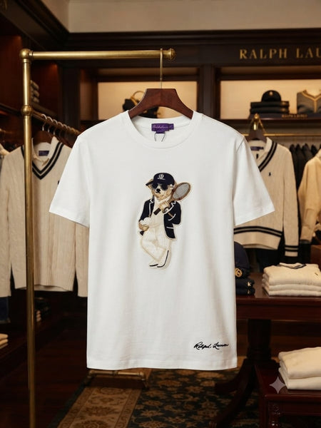 Imported White Crew Neck T-Shirt with Tennis Bear Graphic