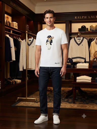 Imported White Crew Neck T-Shirt with Tennis Bear Graphic