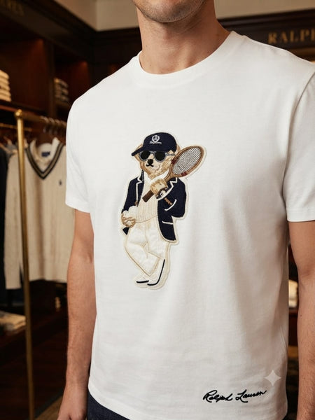 Imported White Crew Neck T-Shirt with Tennis Bear Graphic