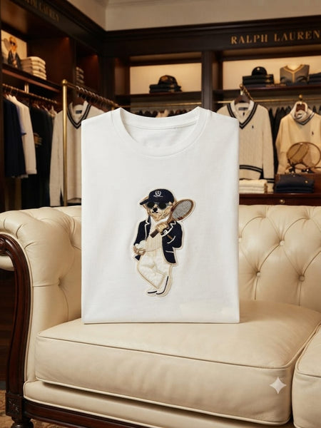 Imported White Crew Neck T-Shirt with Tennis Bear Graphic