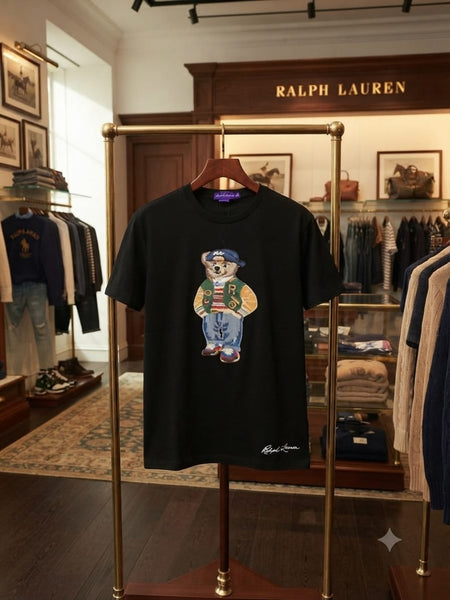 Luxury Elegant Men Black Crew Neck T-Shirt with Bear Graphic
