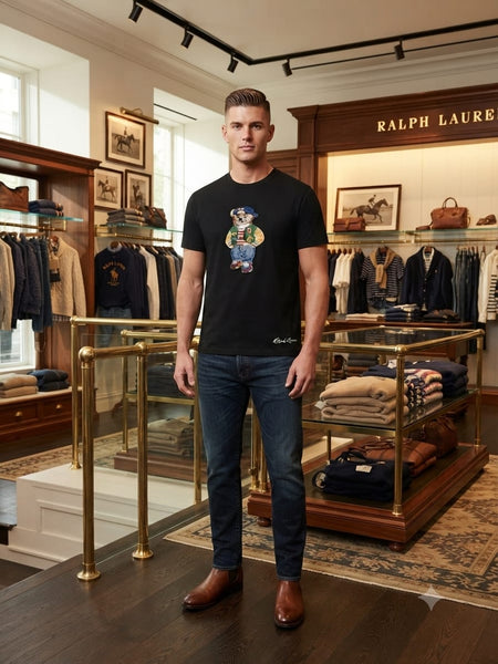 Luxury Elegant Men Black Crew Neck T-Shirt with Bear Graphic
